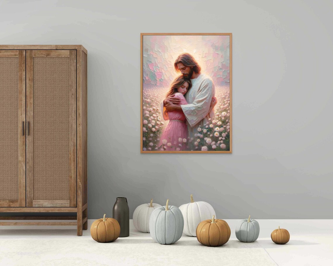 Jesus Christ Embracing Girl Among Daisies Mosaic Style Poster - Image 3