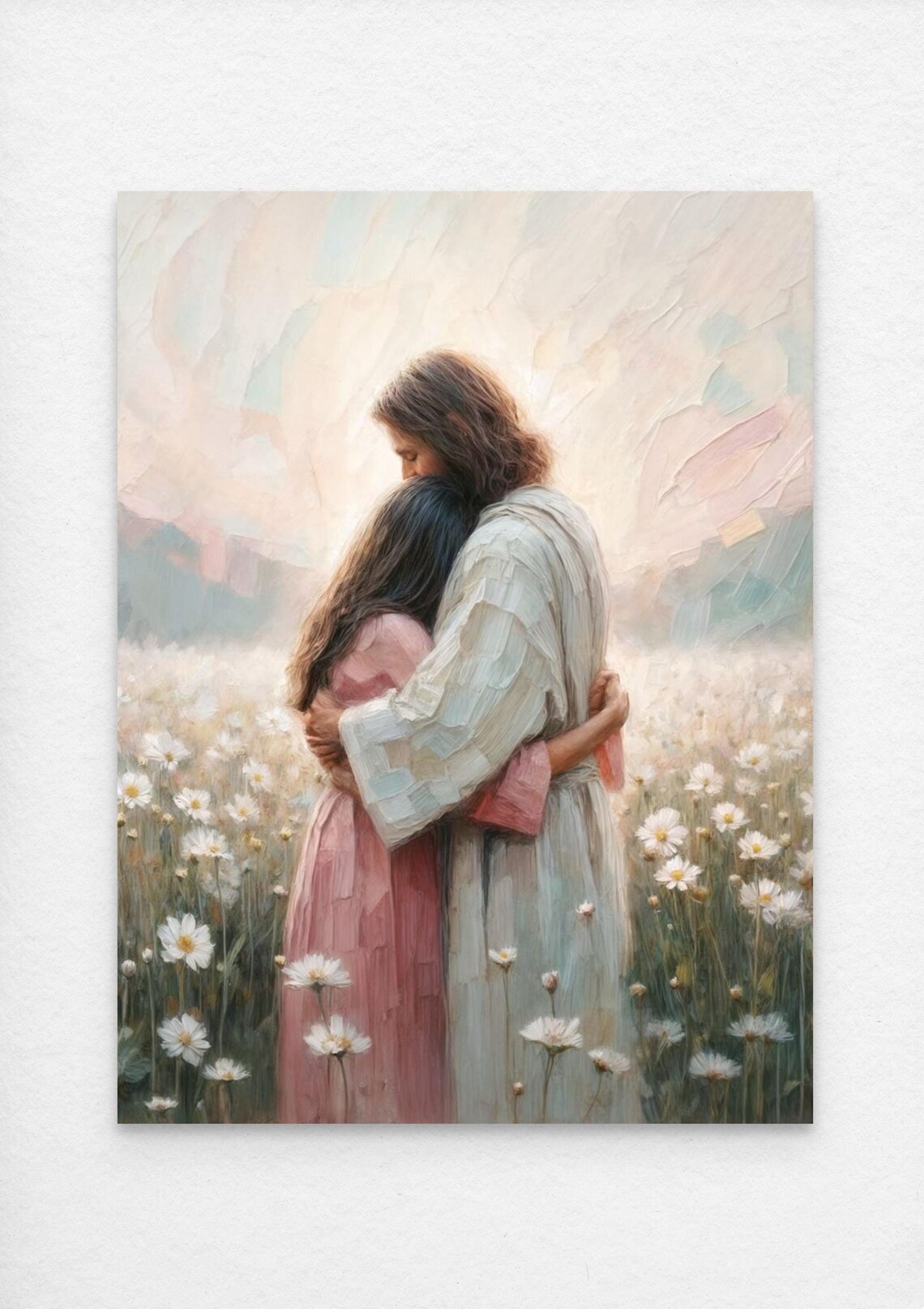 Jesus Embracing Girl Pink Dress White Daisy Meadow Impasto Christian Poster