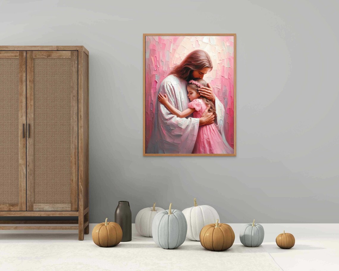 Jesus Blessing Little Girl Pink Impasto Embrace Tender Christian Poster - Image 4
