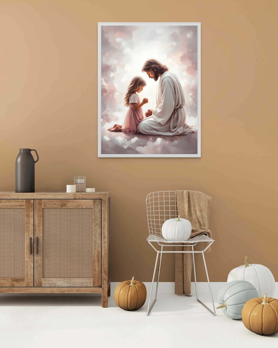 Jesus Praying With Little Girl Heavenly Clouds Christian Wall Art