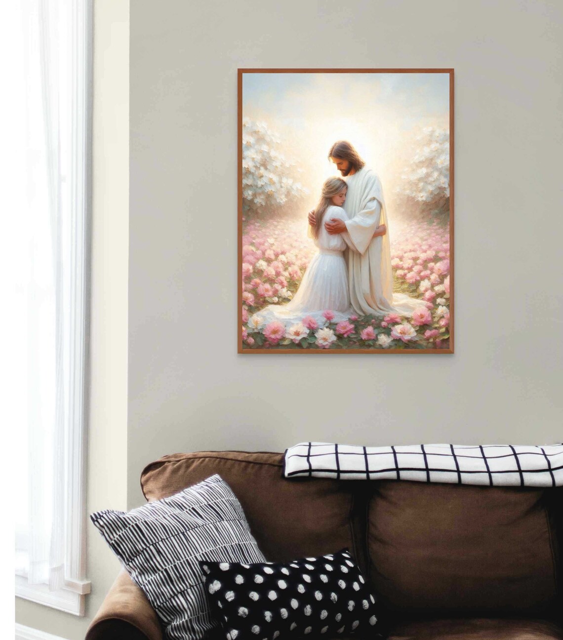 Jesus Embracing Girl in White Dress Among Pink Blossoms Poster - Image 5