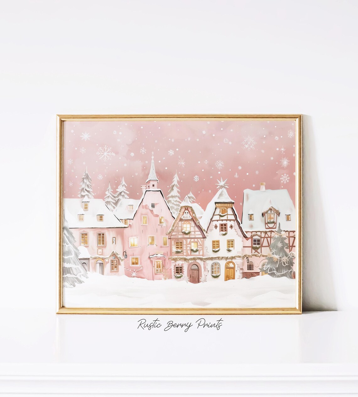 Pink Christmas Village Snowy Cottages Winter Wonderland Art Print