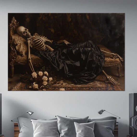 Reclining Skeleton On Dark Ornate Sofa Black Velvet Roses Gothic Poster
