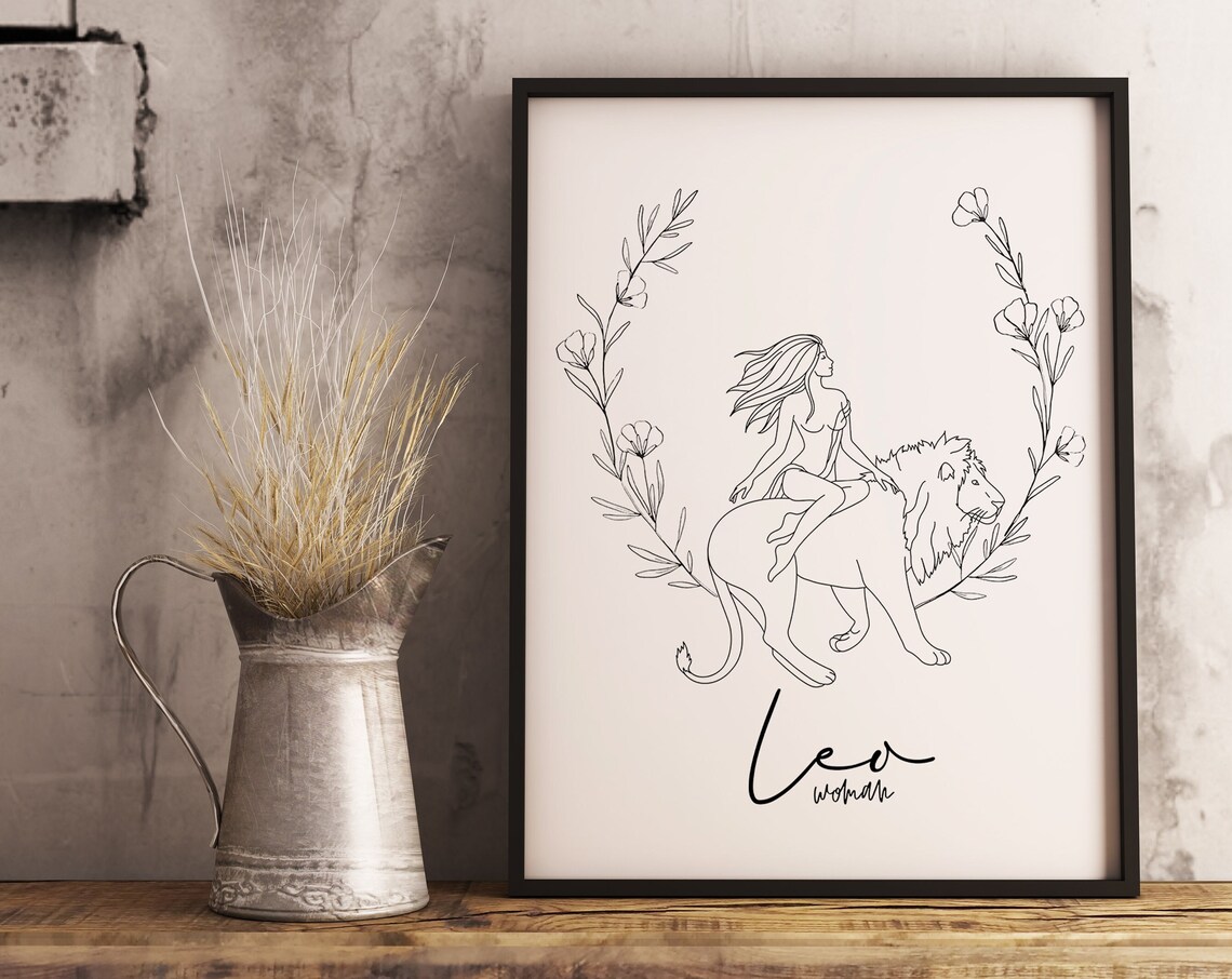 Leo Woman Zodiac Sign Line Art with Lion Floral Astrology Poster - Image 2