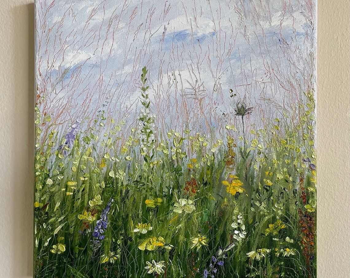 Impressionist Wildflower Meadow With Tall Grasses Blue Sky Art Poster