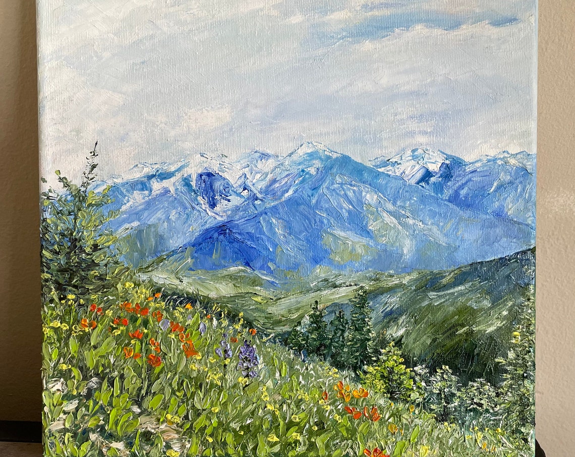 Snowy Blue Mountains Wildflower Meadow Alpine Landscape Oil Wall Art