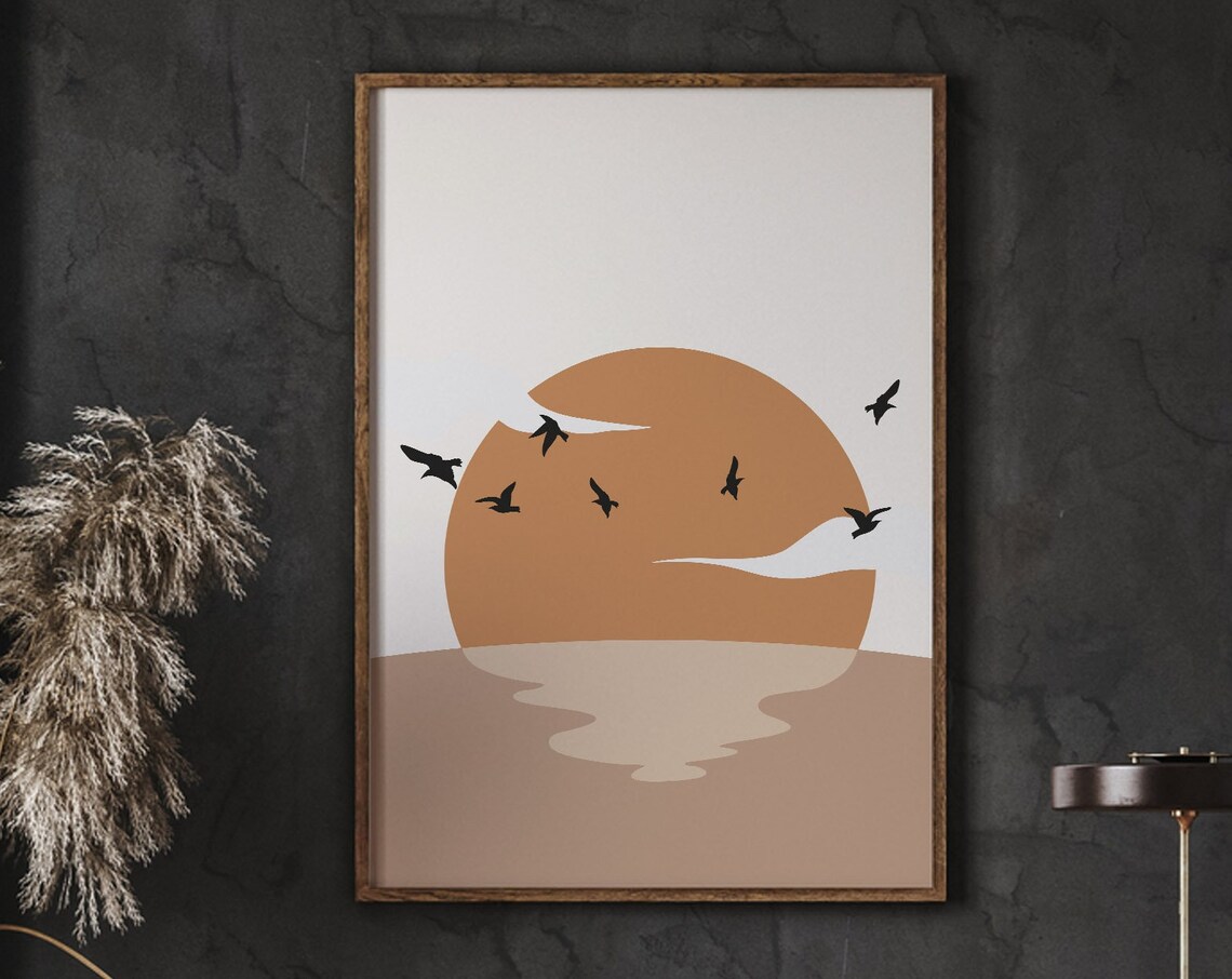 Sunset On The Sea Art Print, Birds Boho Scenery