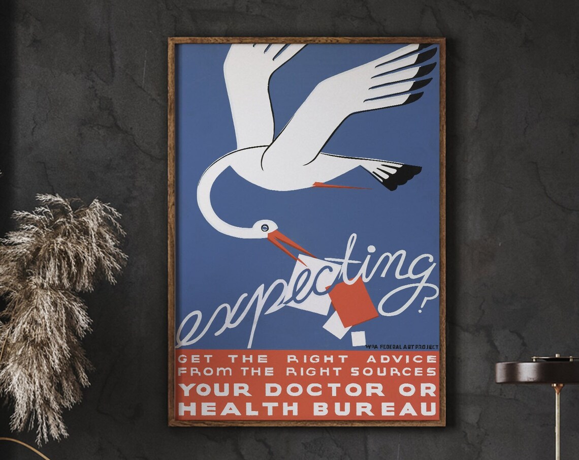 WPA Federal Art Project Expecting Stork Retro Pregnancy Health Poster
