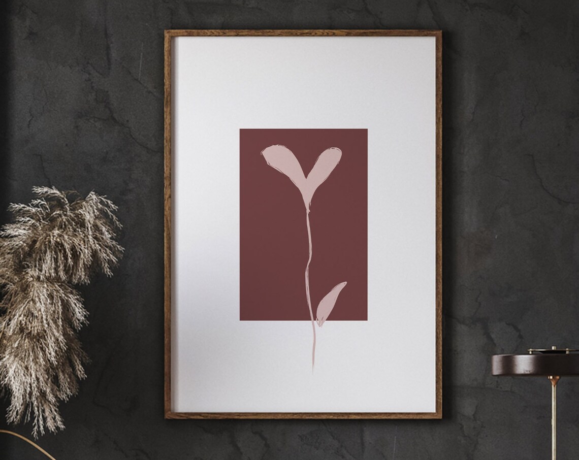 Heart Flower Love Art Blush Rosecolor Silhouette Print Minimalist Shape Florist Gift Wall