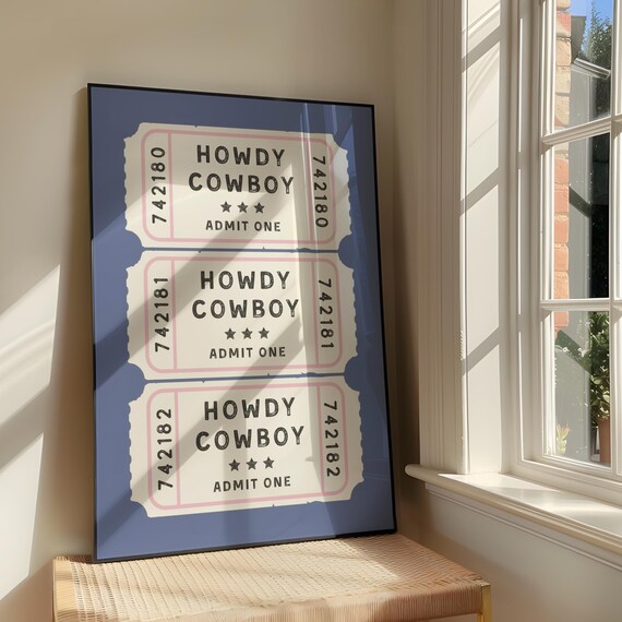 Howdy Cowboy Admit One Ticket Stubs Retro Blue Western Art Print