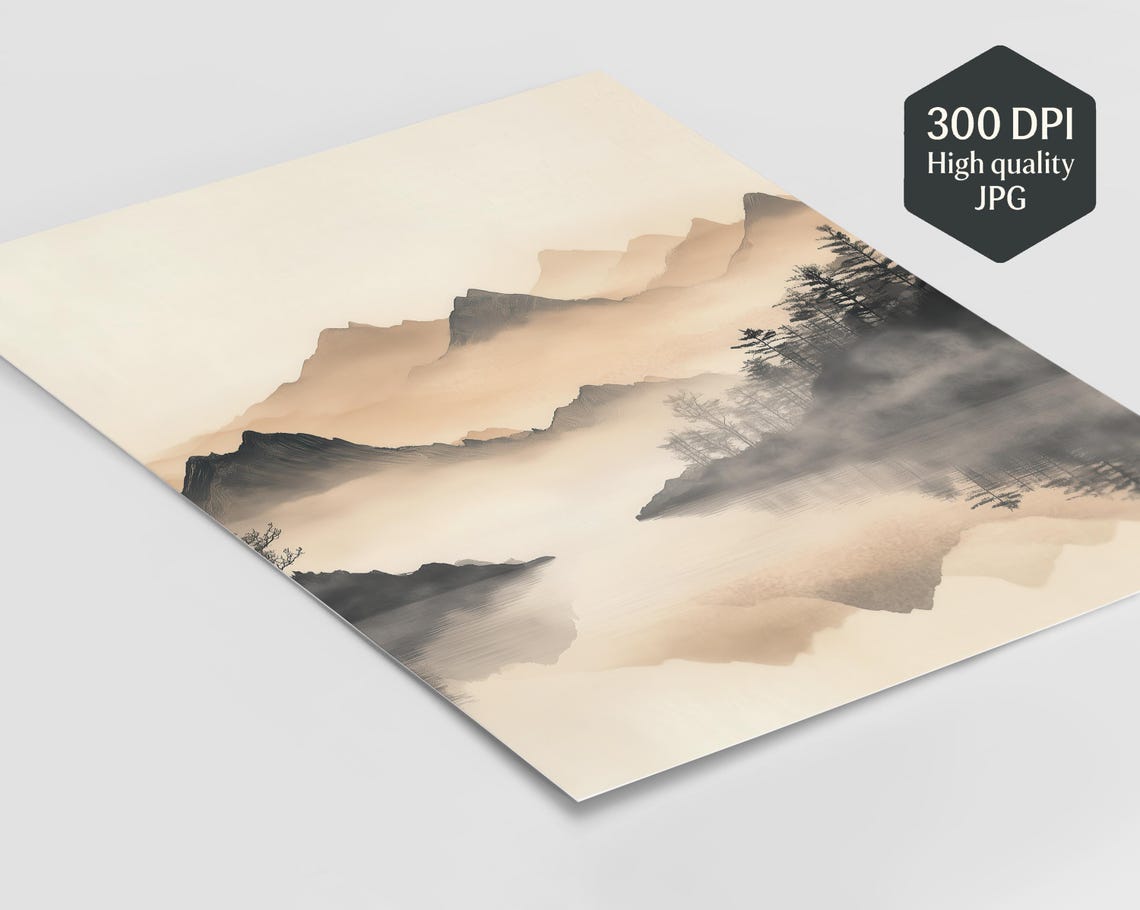 Misty Mountain Reflection Japandi Wall Art Minimalist Zen Landscape Tranquil Nature Print Neutral Modern Home Decor - Image 3