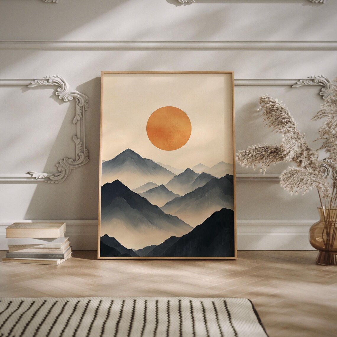 Golden Sun Rising Over Misty Mountain Layers Japanese Zen Poster - Image 2