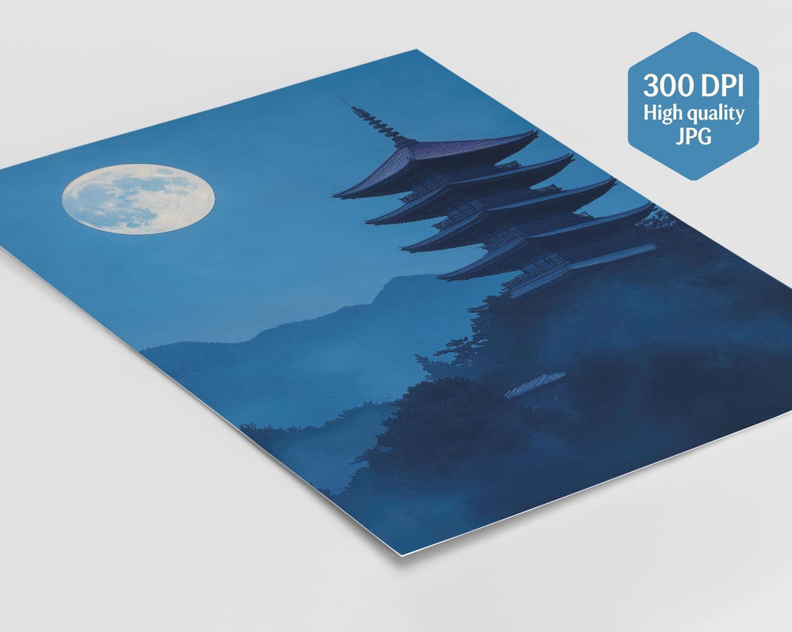 Twilight Pagoda Stillness Japandi Night Landscape Wall Art Full Moon Zen Print Minimalist Tranquil Blue Decor - Image 2