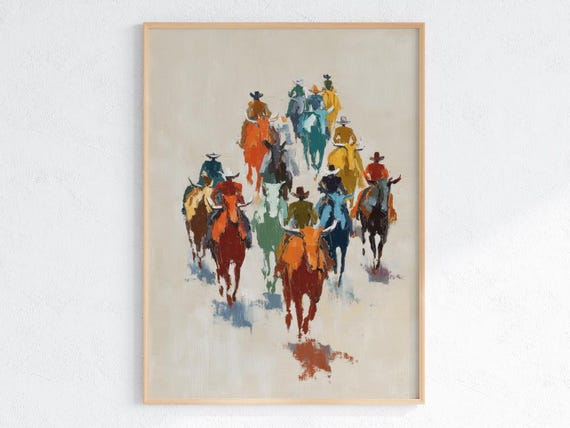 Abstract Cowboys On Horseback Poster Modern Western Wall Art Colorful Ranch Riding Painting Rustic Cowboy Print Shared Walls Decor