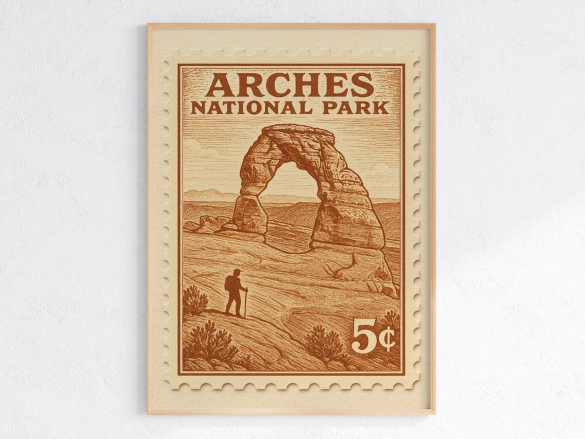 Arches National Park Poster Vintage Stamp Style Delicate Arch 5 Cent