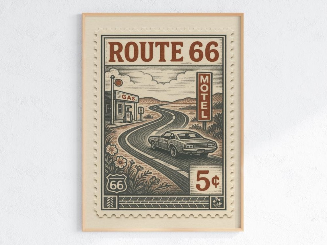 Route 66 Vintage Stamp Poster, Retro Travel Poster