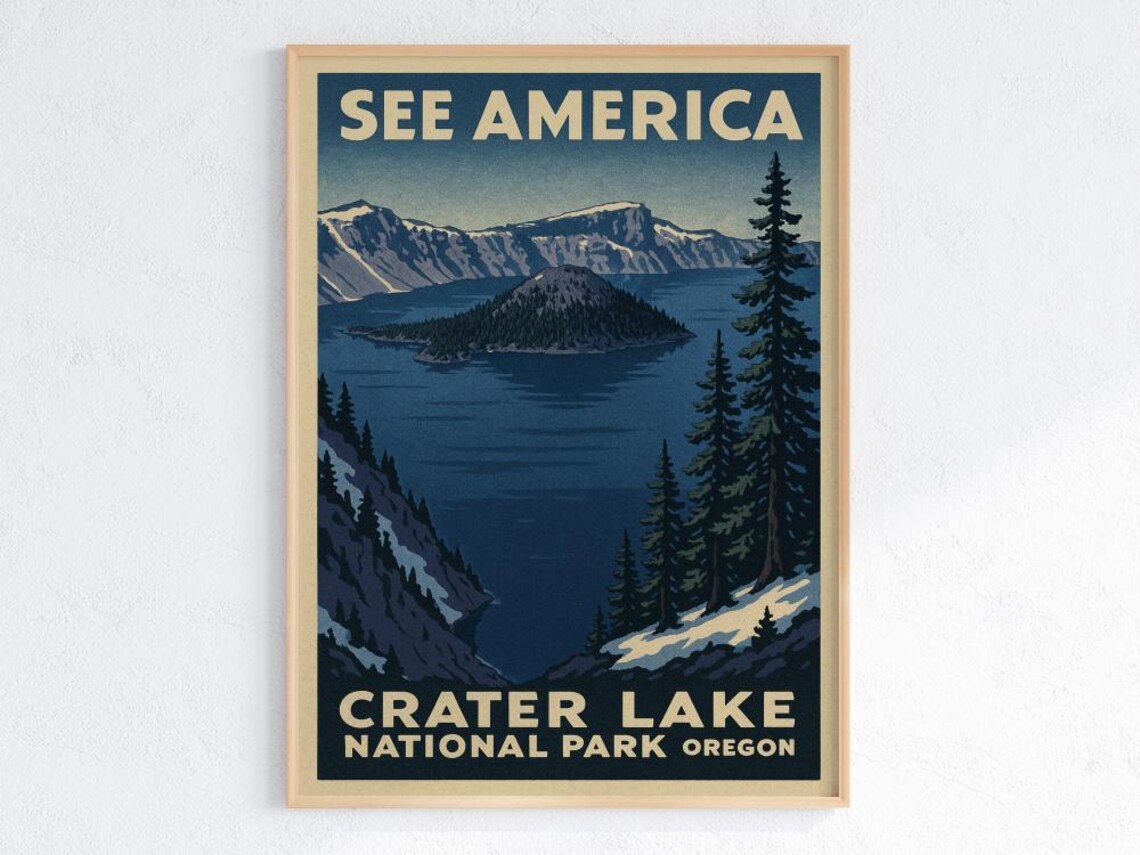 Crater Lake National Park Vintage WPA Style Blue Water Travel Poster