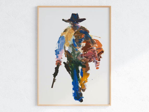 Colorful Abstract Cowboy Poster Modern Western Wall Art With Gun Bold Brushstrokes Southwestern Rustic Decor