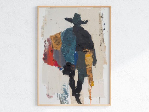 Abstract Cowboy Wall Art Modern Western Silhouette Print Rustic Ranch Decor Bold Brushstroke Painting Southwest Colorful Artwork