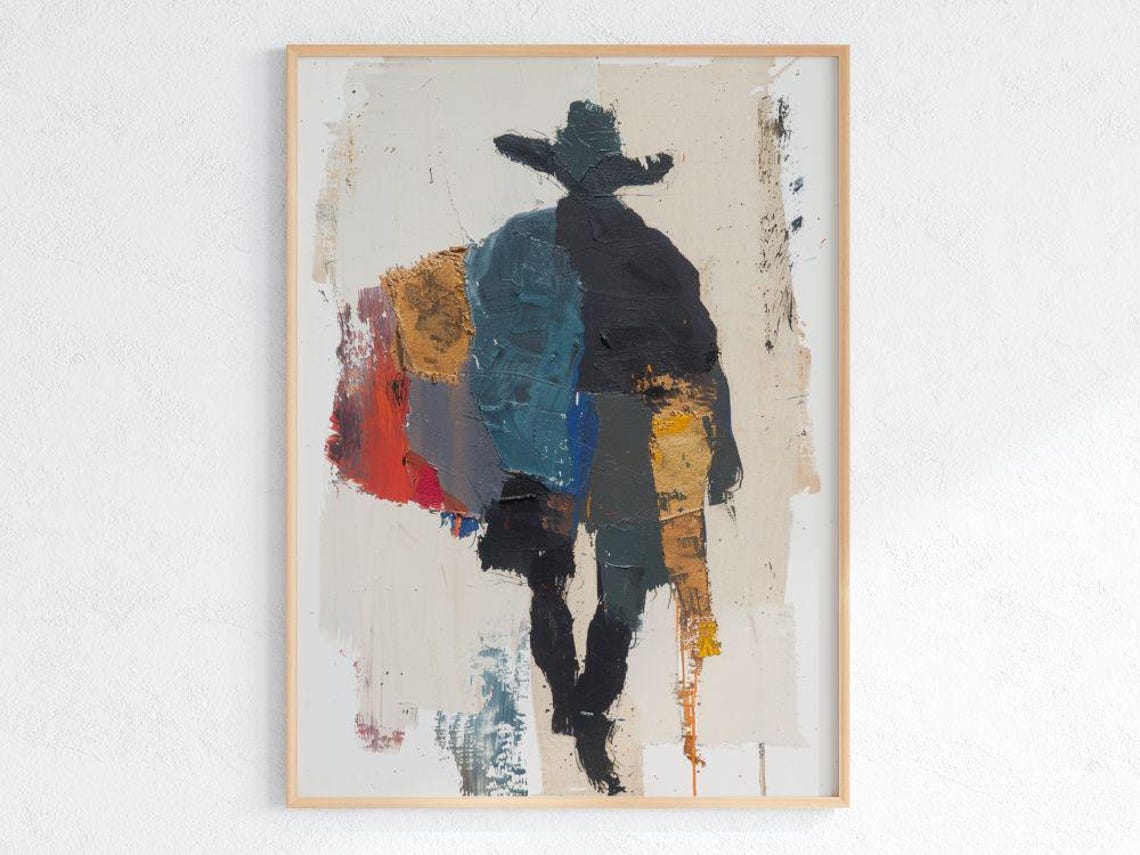 Abstract Cowboy Silhouette Walking Dark Modern Western Art Poster