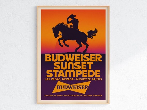 Budweiser Sunset Stampede Poster Vintage Las Vegas Rodeo Wall Art 1975 Western Cowboy Silhouette Print Retro Beer Decor