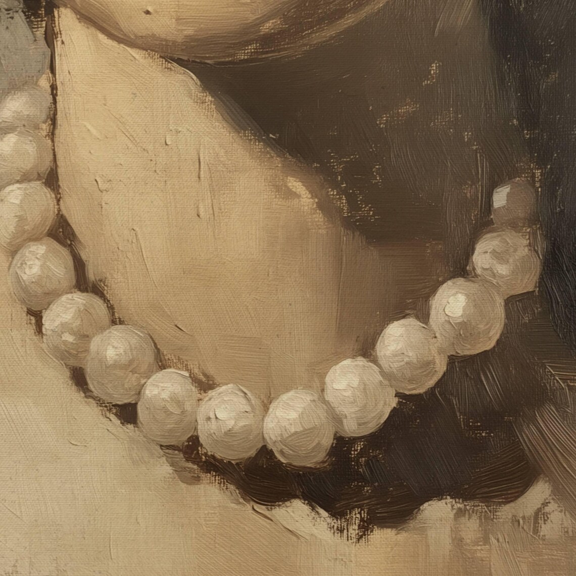 Woman Pearl Necklace Sepia Toned Oil Painting Elegant Portrait Poster - Image 4