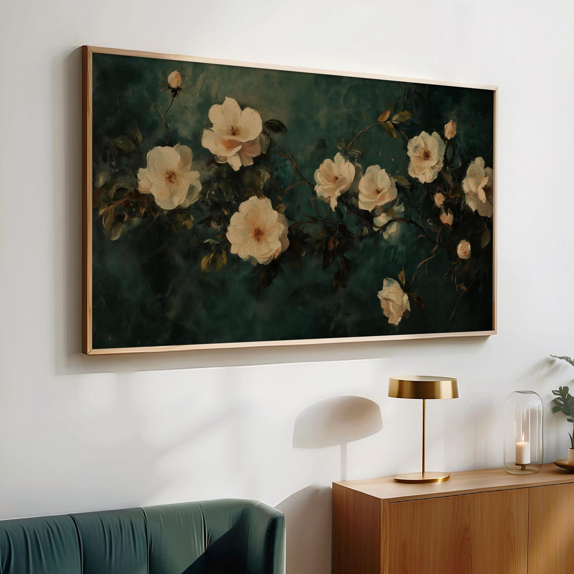 Cream Wild Roses Dark Green Vintage Botanical Frame TV Art Poster - Image 2