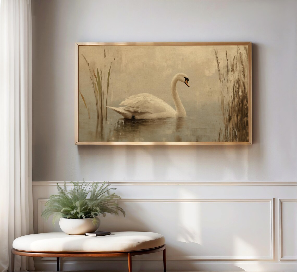 White Swan Reeds Vintage Rustic Oil Painting Frame TV Art Poster - Image 3