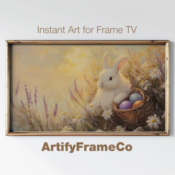 Easter Frame Tv Art Cute Rabbit Painting Basket Of Eggs Wildflower Rustic Nature Art Frame Tv Spring Easter Screensaver Tv109