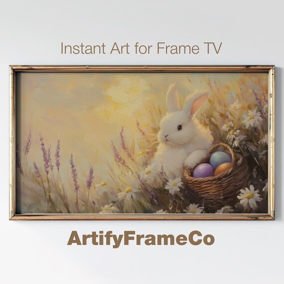 White Bunny With Easter Egg Basket In Daisy Meadow Golden Light Poster