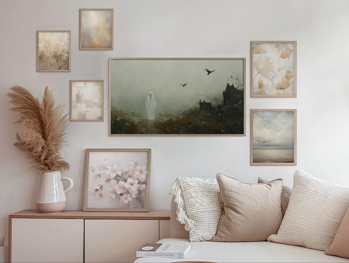 Solitary Ghost in Foggy Ruins With Crows Moody Vintage Halloween Wall Art - Image 2