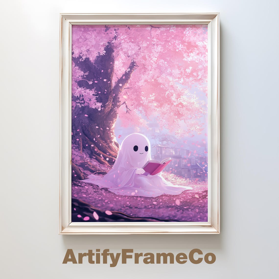 Cute Ghost Under Cherry Blossoms Art Kawaii Halloween Decor Whimsical Pastel Illustration Childrens Art