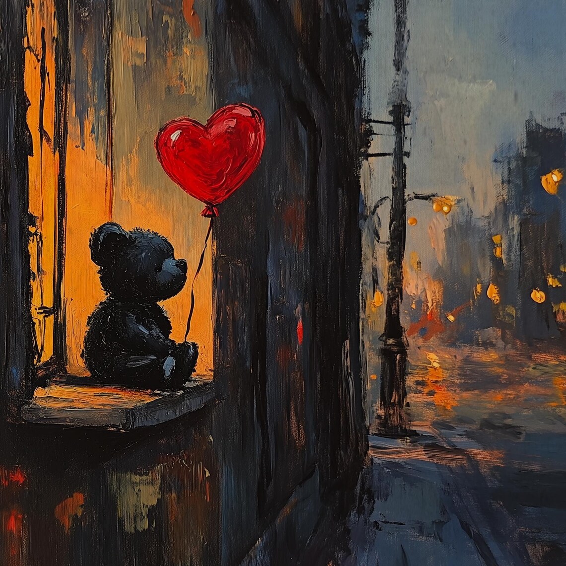 Teddy Bear Holding Red Heart Balloon Rainy Night Street Vintage Poster - Image 4