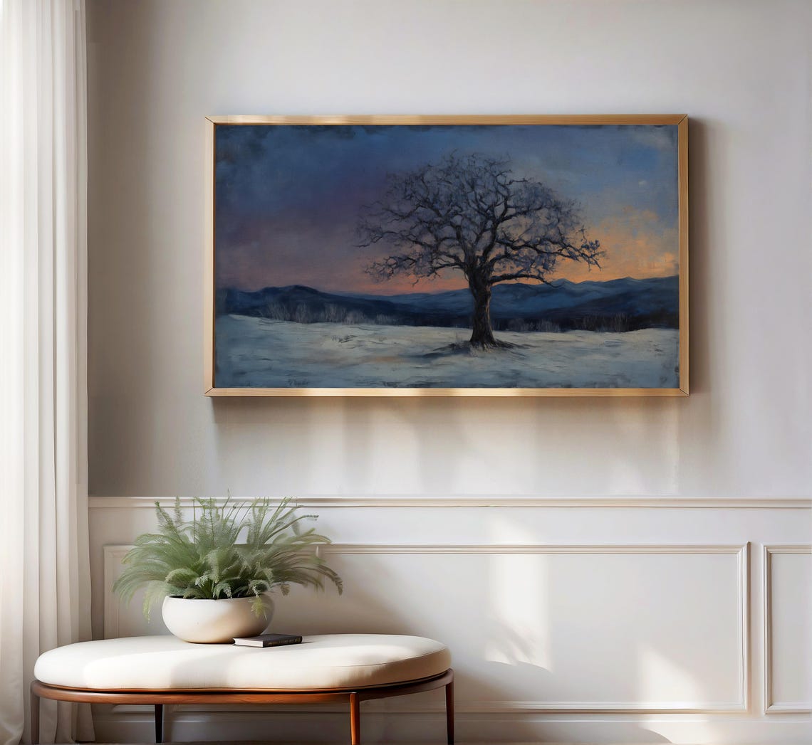 Lone Winter Tree Twilight Snowy Field Mountain Frame TV Art Poster - Image 3