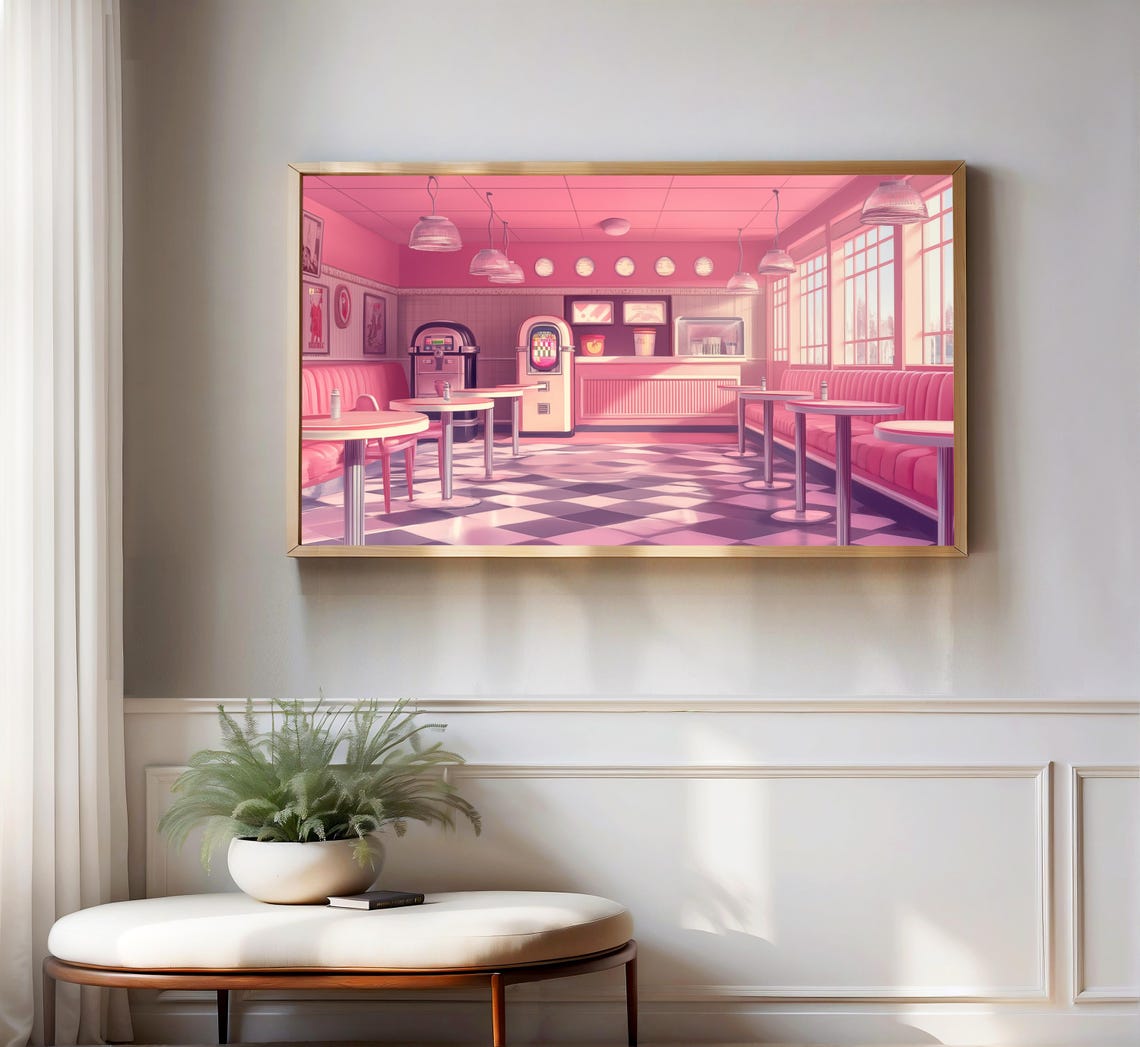 Retro Pink 1950s Diner Interior Jukebox Nostalgic Americana Poster - Image 3