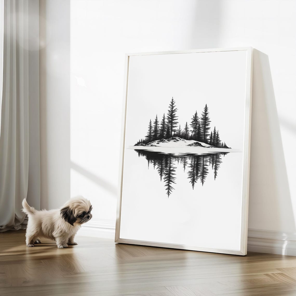Pine Island Reflection Frozen Lake Ink Forest Landscape Poster - Image 2
