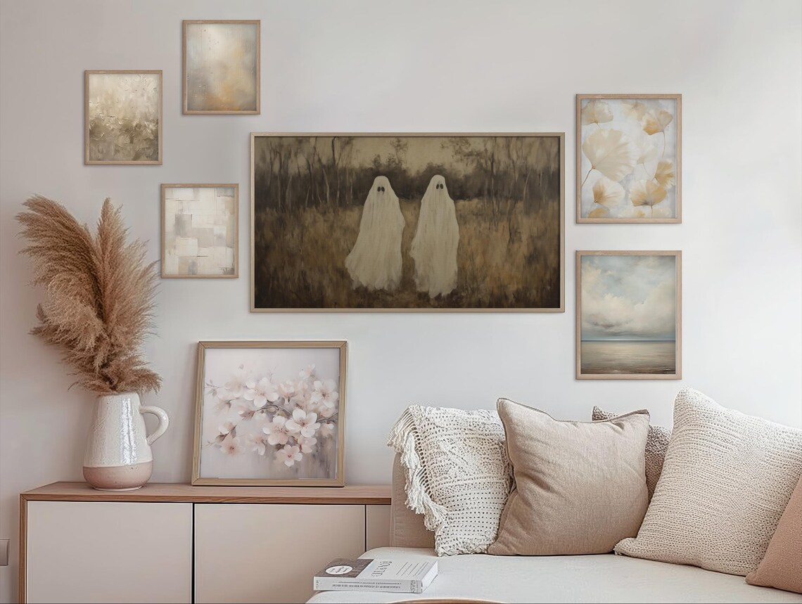 Two Ghosts Standing in a Golden Field at Dusk Sepia Vintage Halloween Wall Art - Image 2