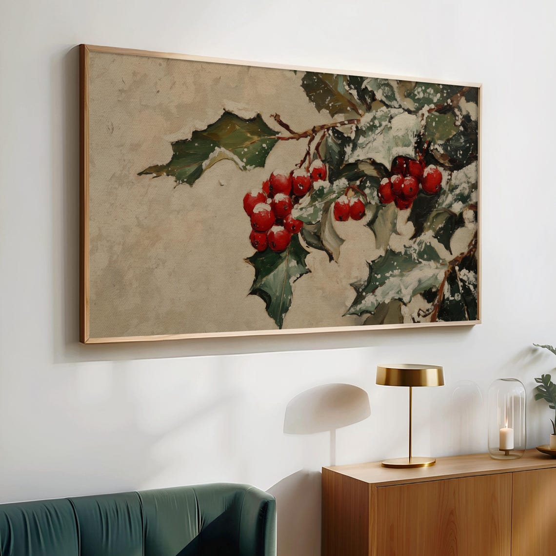 Snowy Holly Leaves Red Berries Frosted Winter Botanical Art Poster - Image 2