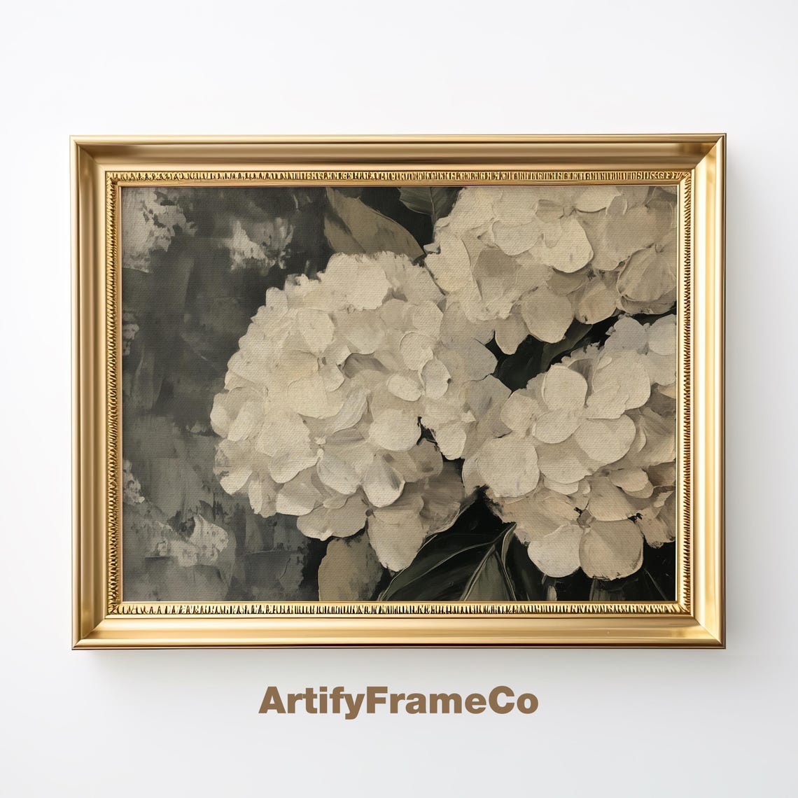 White Hydrangea Blooms Impasto Oil Painting Dark Floral Wall Art Print