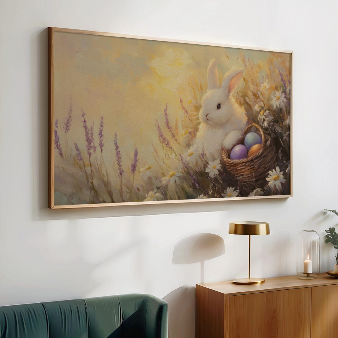 White Bunny With Easter Egg Basket In Daisy Meadow Golden Light Poster - Image 2