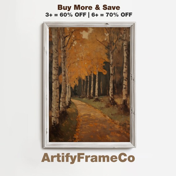 Golden Birch Forest Autumn Path Fall Foliage Oil Painting Poster