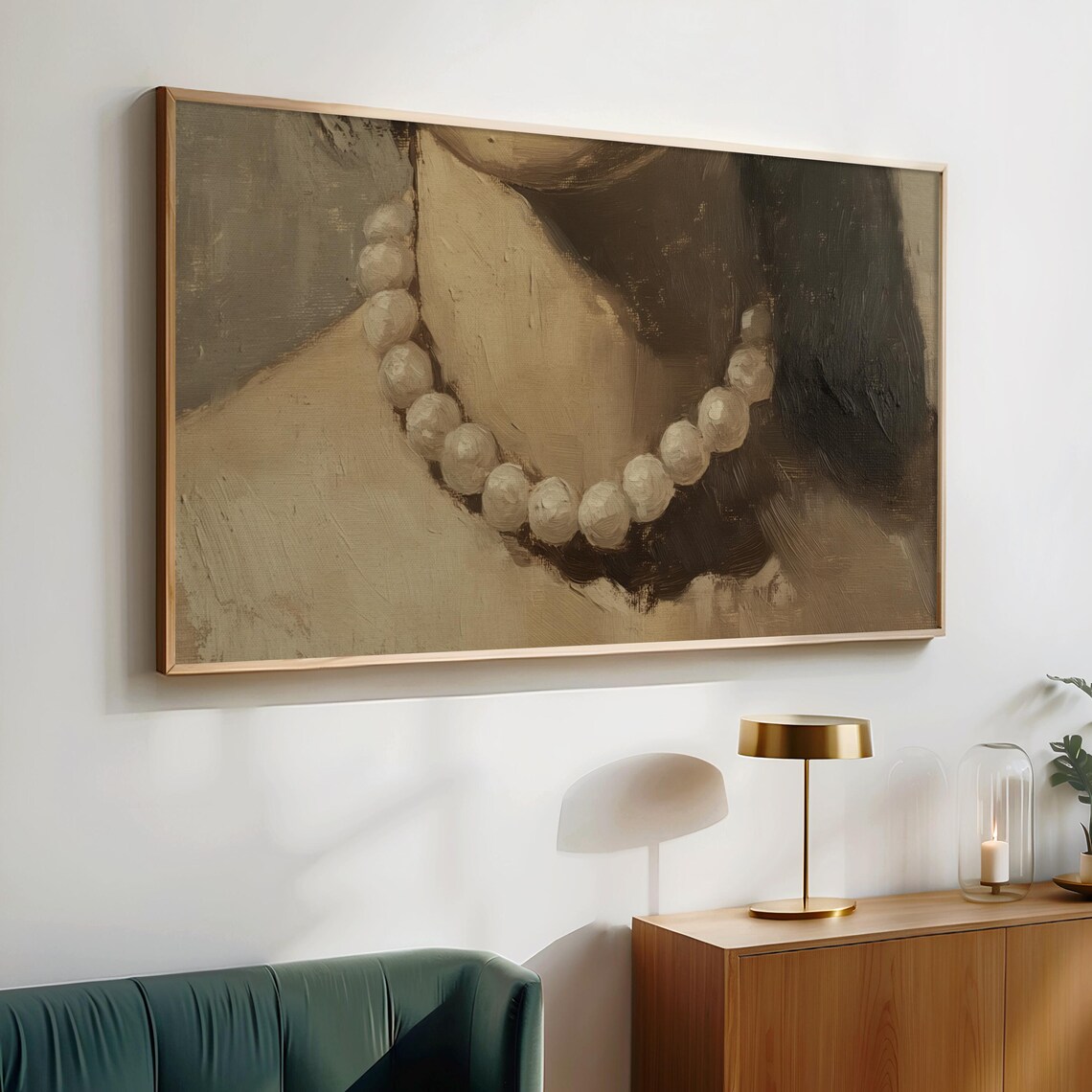 Woman Pearl Necklace Sepia Toned Oil Painting Elegant Portrait Poster - Image 2