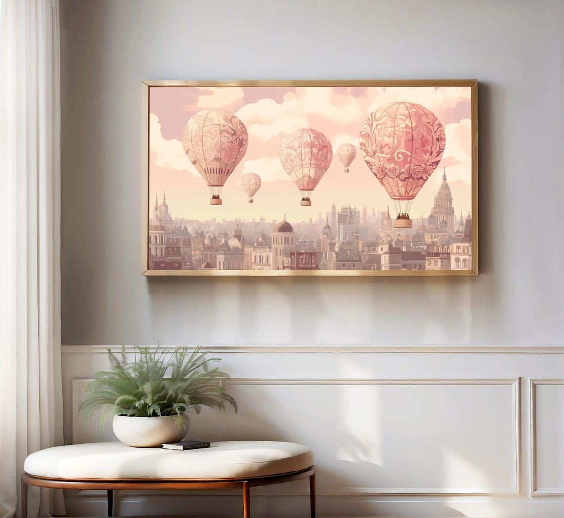 Pink Hot Air Balloons European Old Town Skyline Romantic Sunset Poster - Image 3