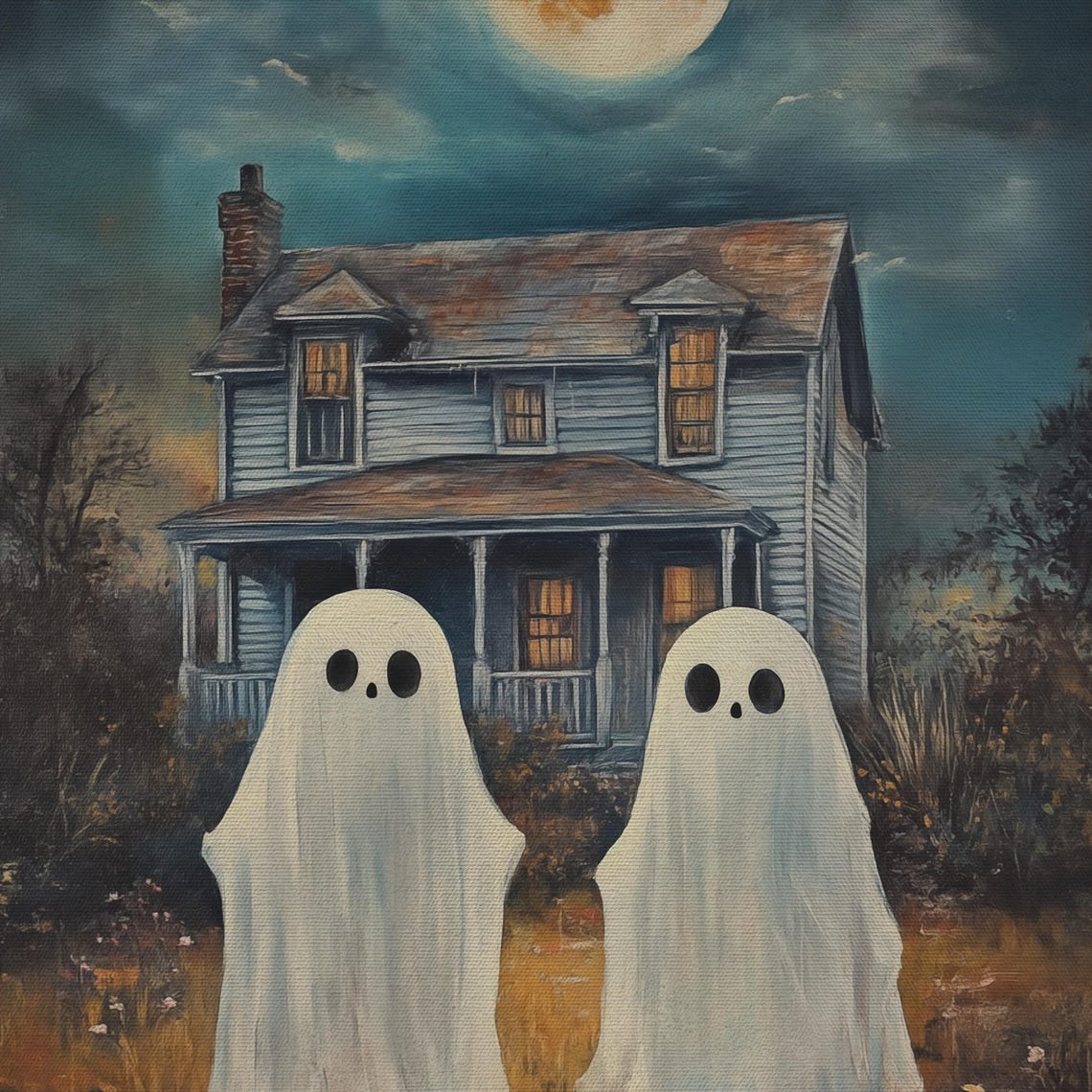 Two Ghosts Before Old House Under Full Moon Night Oil Poster - Image 4