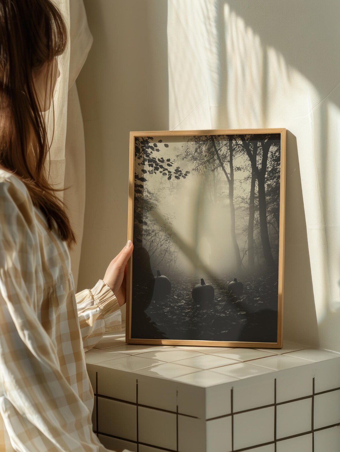 Ghostly Figure In Foggy Pumpkin Forest Moody Halloween Poster - Image 2