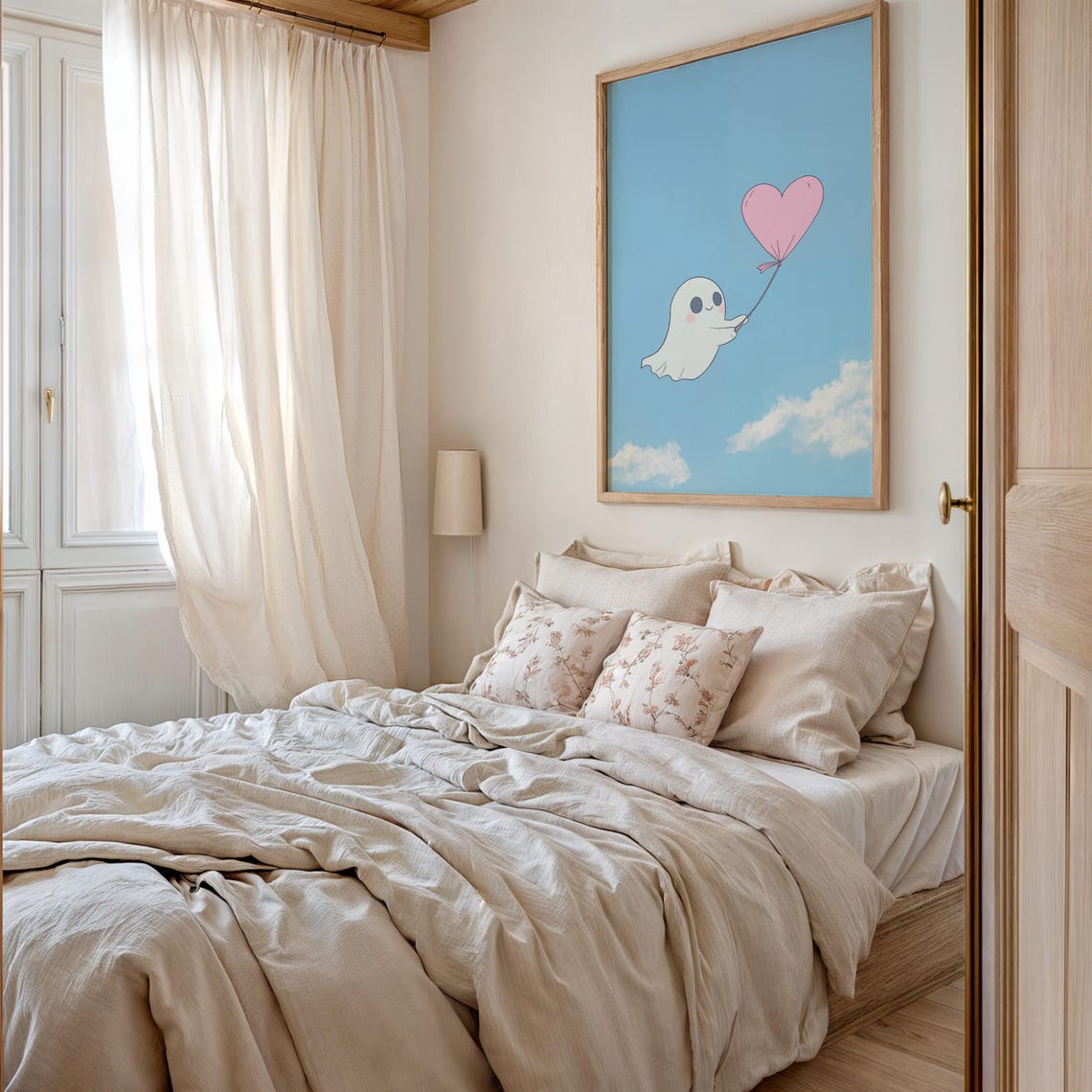 Cute Ghost Flying With Pink Heart Balloon In Blue Sky Poster - Image 2