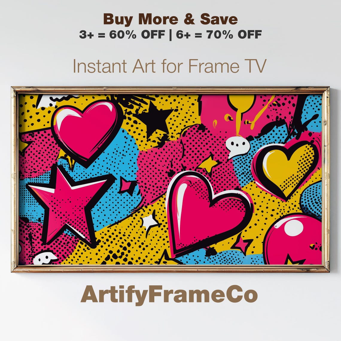 Colorful Pop Art Hearts and Stars Bold Comic Halftone Explosion Poster