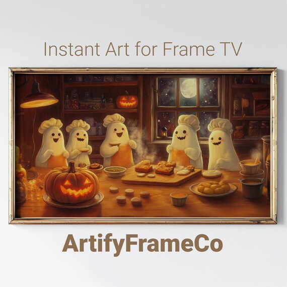 Ghost Chefs Baking Halloween Treats in a Cozy Kitchen Vintage Whimsy Wall Art