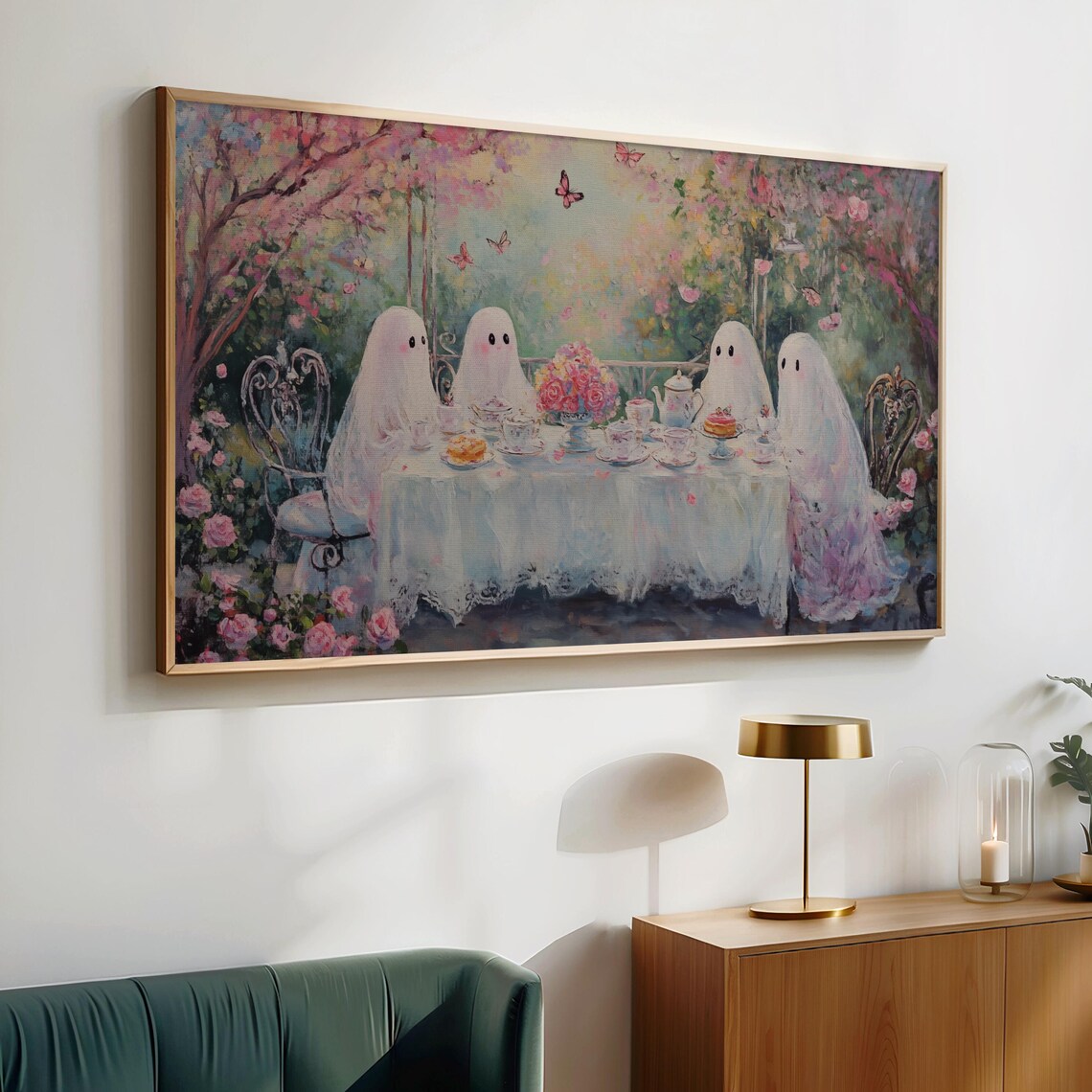 Four Ghosts Having Tea in a Blooming Garden Vintage Whimsical Halloween Wall Art - Image 4