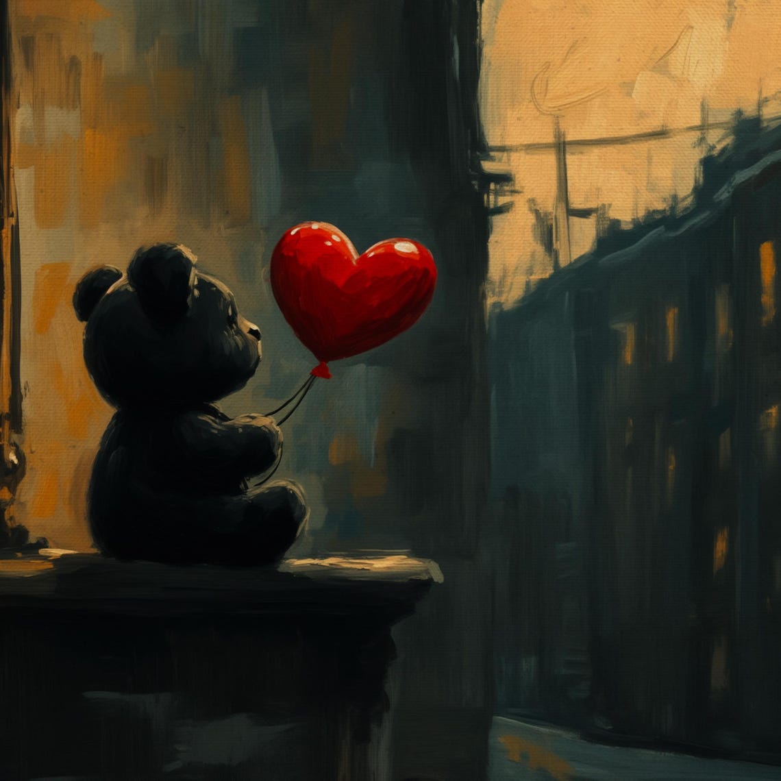 Teddy Bear with Red Heart Balloon Overlooking City Dusk Moody Poster - Image 4